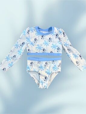🎀 Girls Light Blue Bluey-Print Long Sleeve Rashguard Two-Piece Swim Set